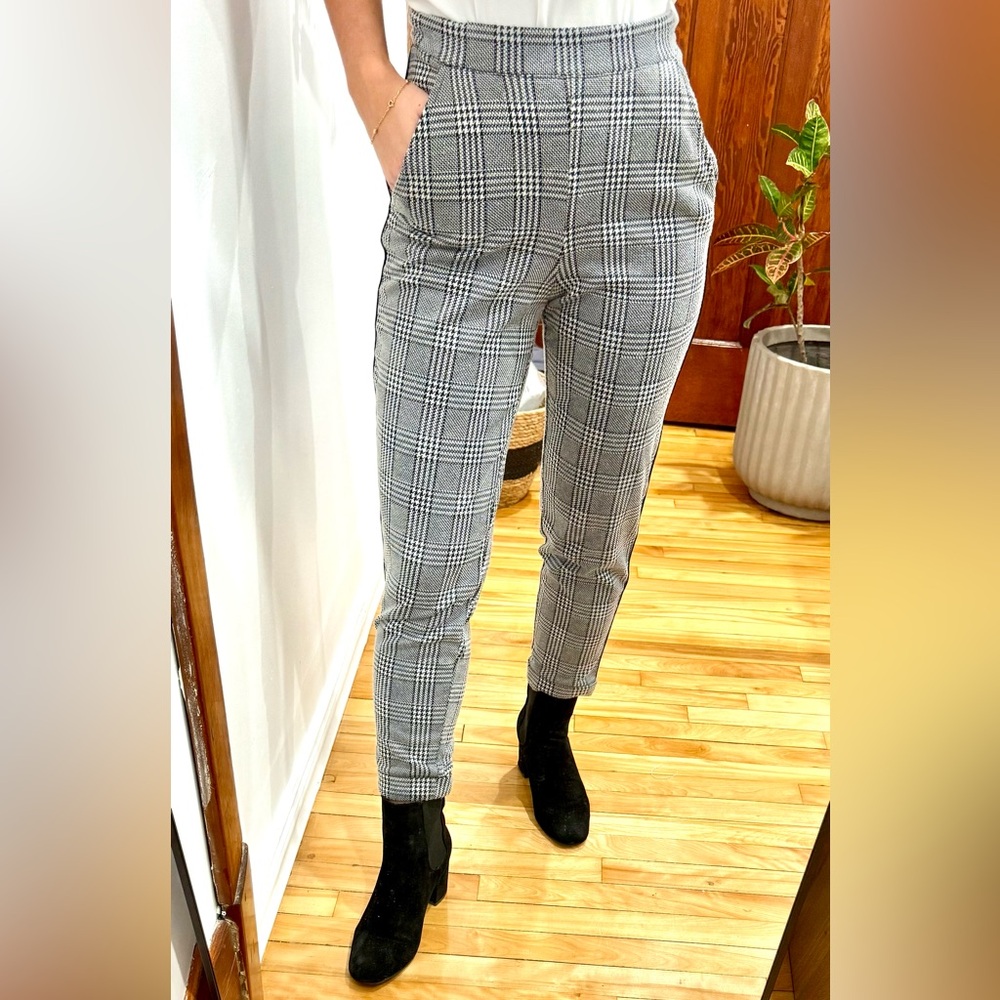 Mid Rise Plaid Trousers Black Side Stripe Elegant Work Pants Comfy XS